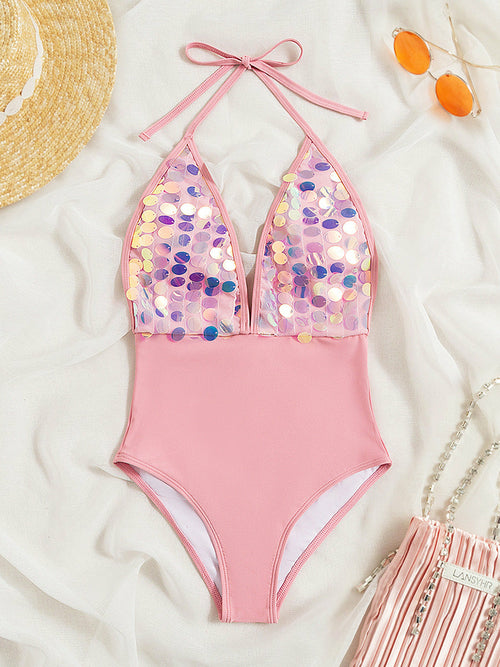 Mermaid One-Piece Pink Sequined Swimsuit
