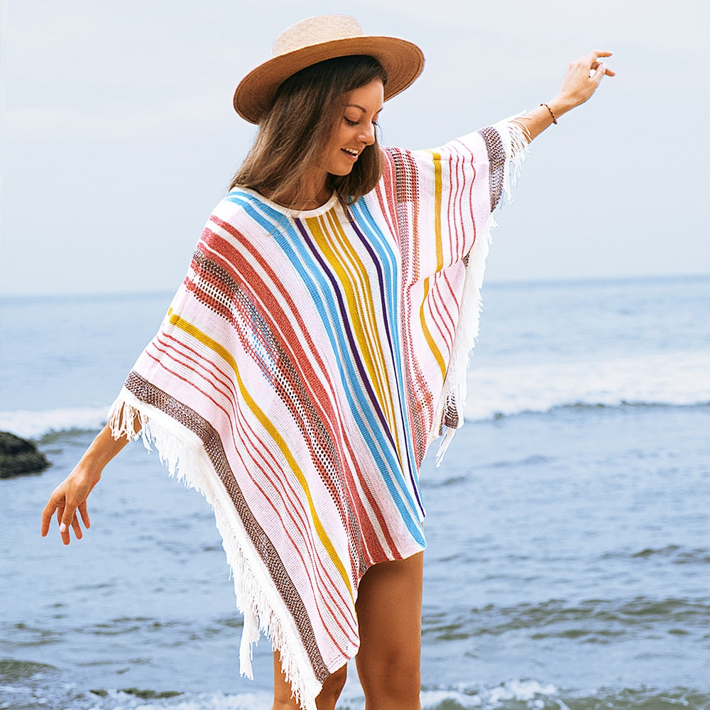 Bohemian Striped Beach Cover-Up with Fringes